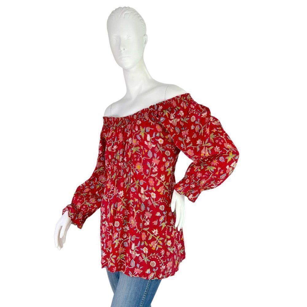 Passementrie Santa Fe Red Floral Off The Shoulder Tunic Top Blouse, Size Large